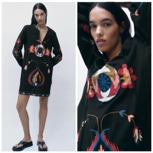 Zara Embroidered Linen Blend Dress size S